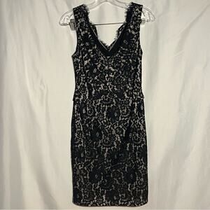Eliza J Lace Overlay Bodycon Cocktail Dress Black Nude V Neck Womens 6